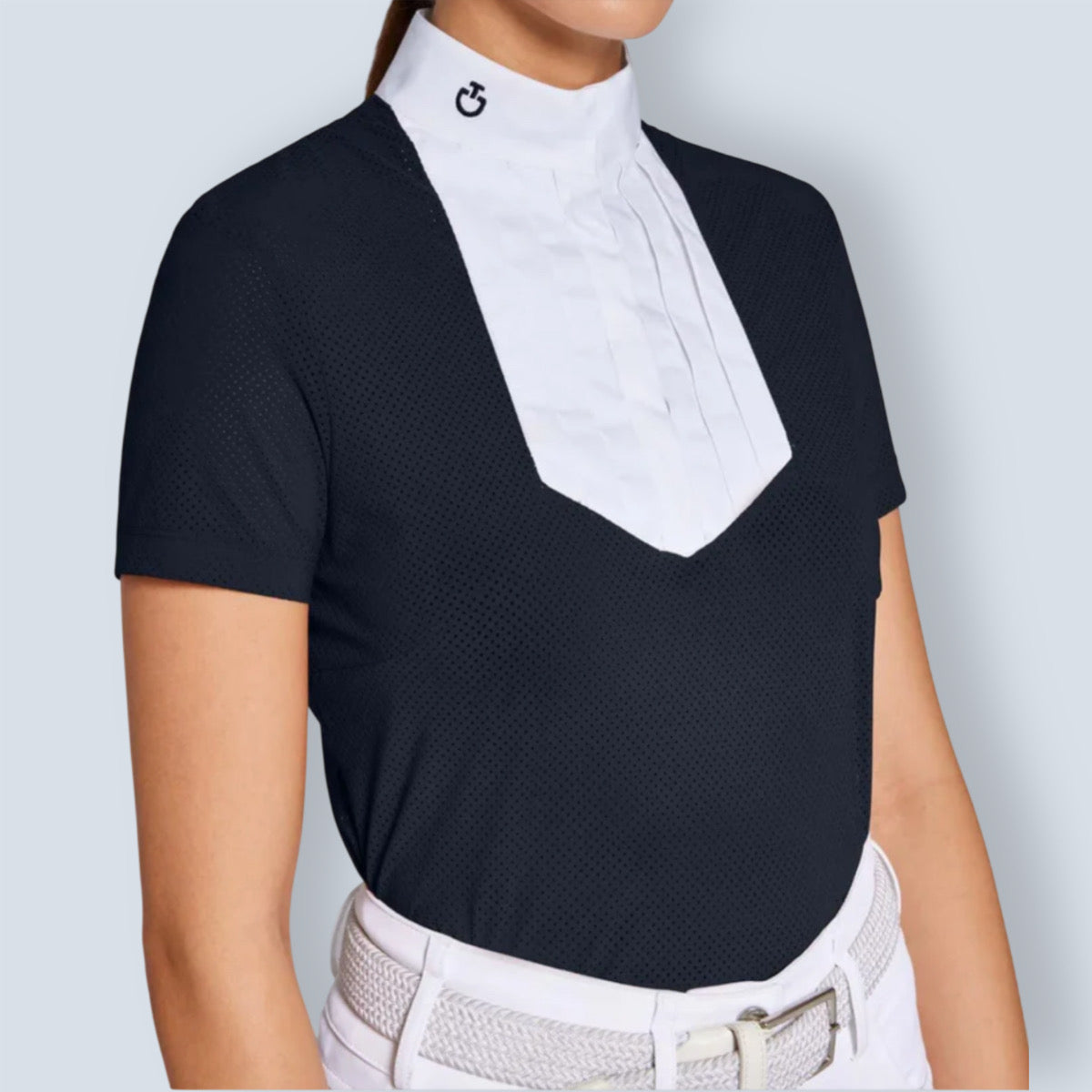 Cavalleria Toscana Women's Perforated Jersey Short Sleeve Poplin Show Shirt.-6