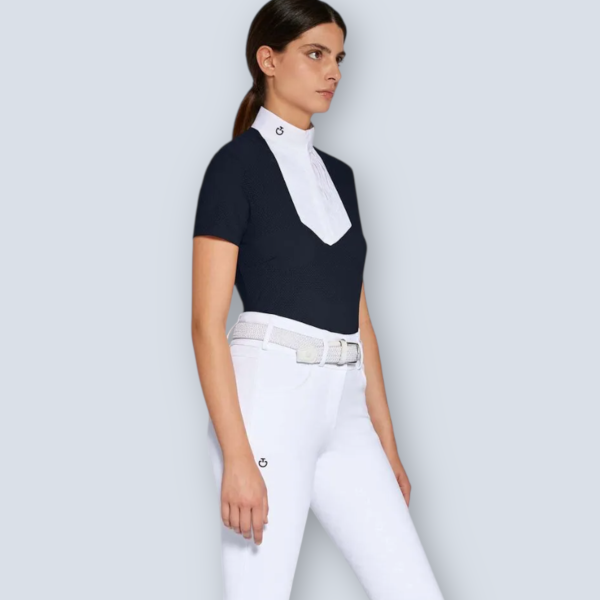 Cavalleria Toscana Women's Perforated Jersey Short Sleeve Poplin Show Shirt.