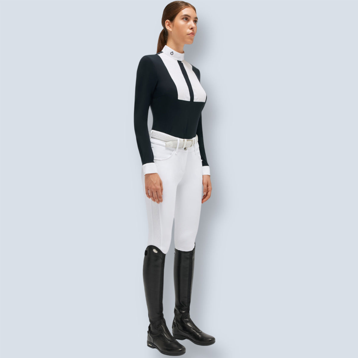 Cavalleria Toscana  Women’s Jersey with Cotton Pleated Bib Cuff Long Sleeve Show Shirt