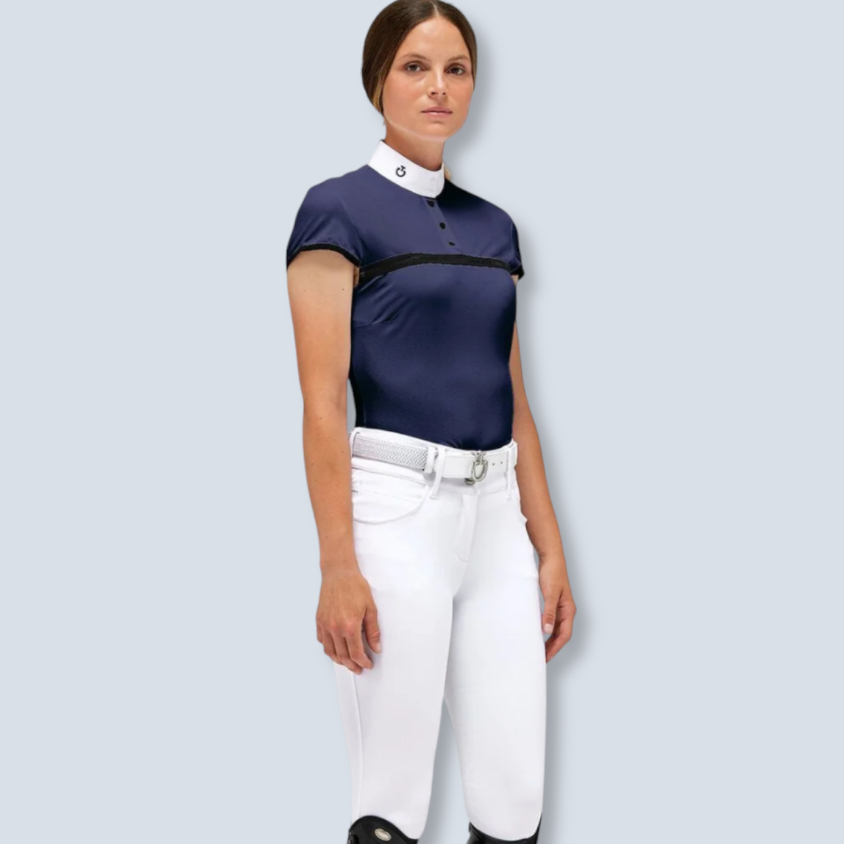 Cavalleria Toscana Women’s Jersey Mesh Insert Short Sleeve Zip Show Shirt-2