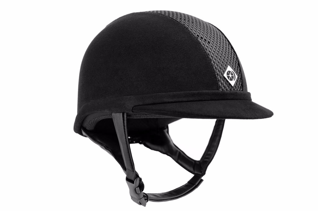 Charles Owen Ayr8 Helmet, black, low profile, centrally located front and rear ventilation apertures covered in mesh, while the side panels are covered in microfiber suede 