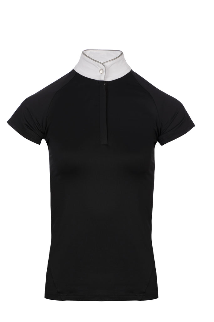 The Horseware Ireland Sara Show Shirt - Short Sleeve is a technical Jersey riding top with lace cut out detail in back, elastic, breathable, wicking and hidden zip closure.  92% nylon, 8% spandex Cool & Soft Touch Lace back detail Machine washable